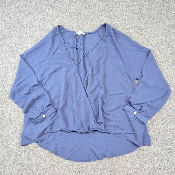 Umgee Boho Wrap Blouse Large Navy Blue Cotton Blend Strappy Neck Swiss Dot Top — photo 2